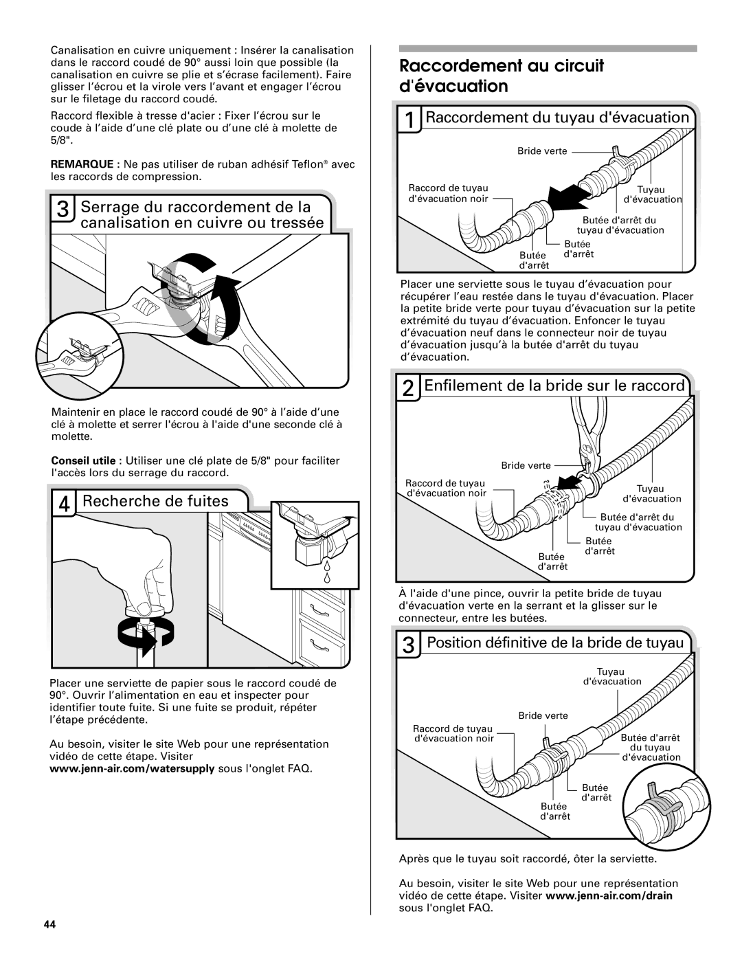 Jenn-Air W10208727A Raccordement au circuit dévacuation, Enfilement de la bride sur le raccord, Recherche de fuites 