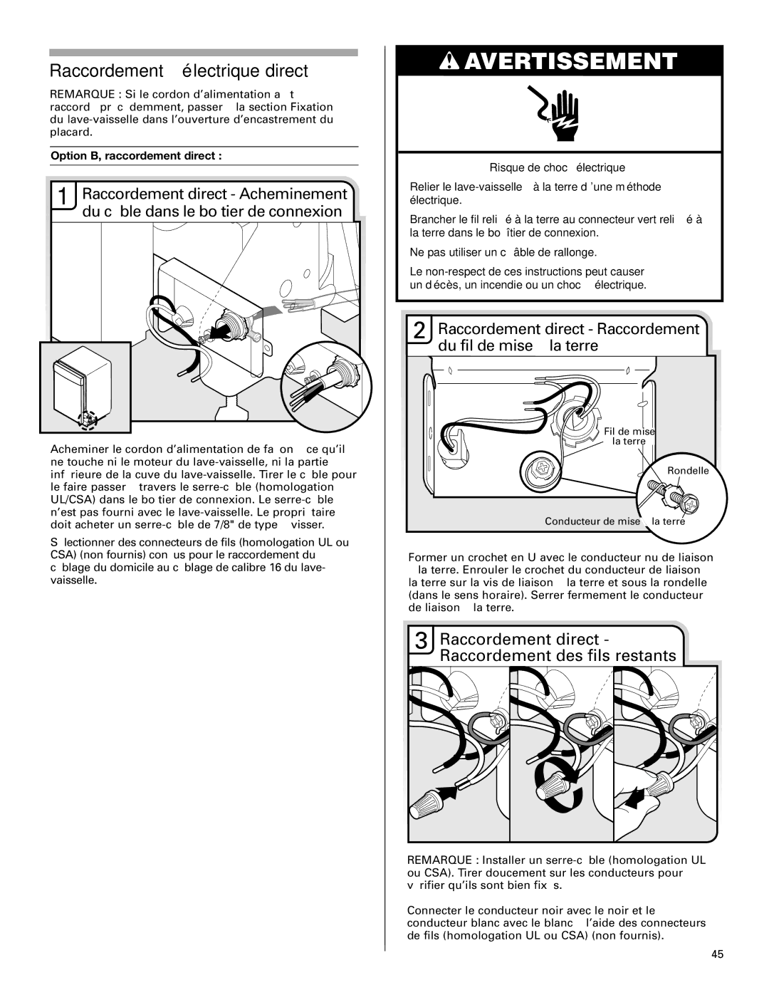 Jenn-Air W10208727A Raccordement électrique direct, Raccordement direct Raccordement du fil de mise à la terre 