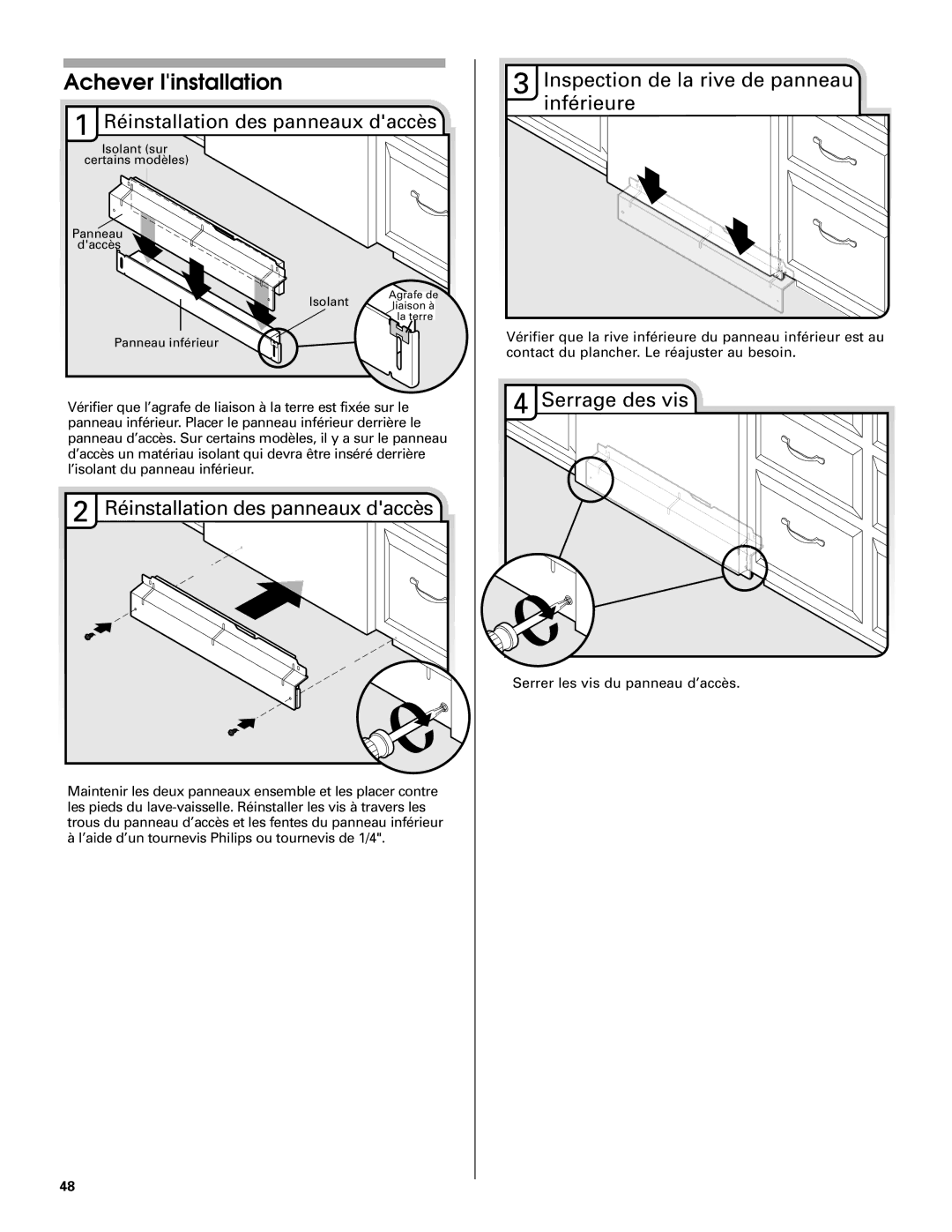 Jenn-Air W10208727A Achever linstallation, Réinstallation des panneaux daccès, Inspection de la rive de panneau inférieure 