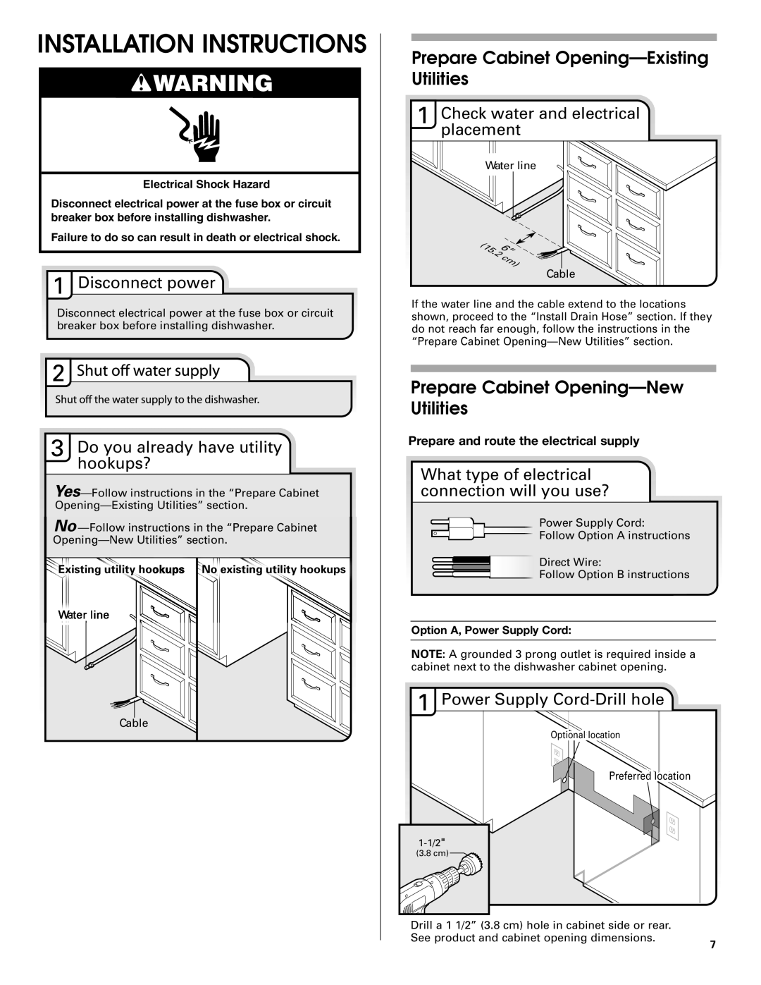 Jenn-Air W10208727A Prepare Cabinet Opening-Existing Utilities, Prepare Cabinet Opening-New Utilities 