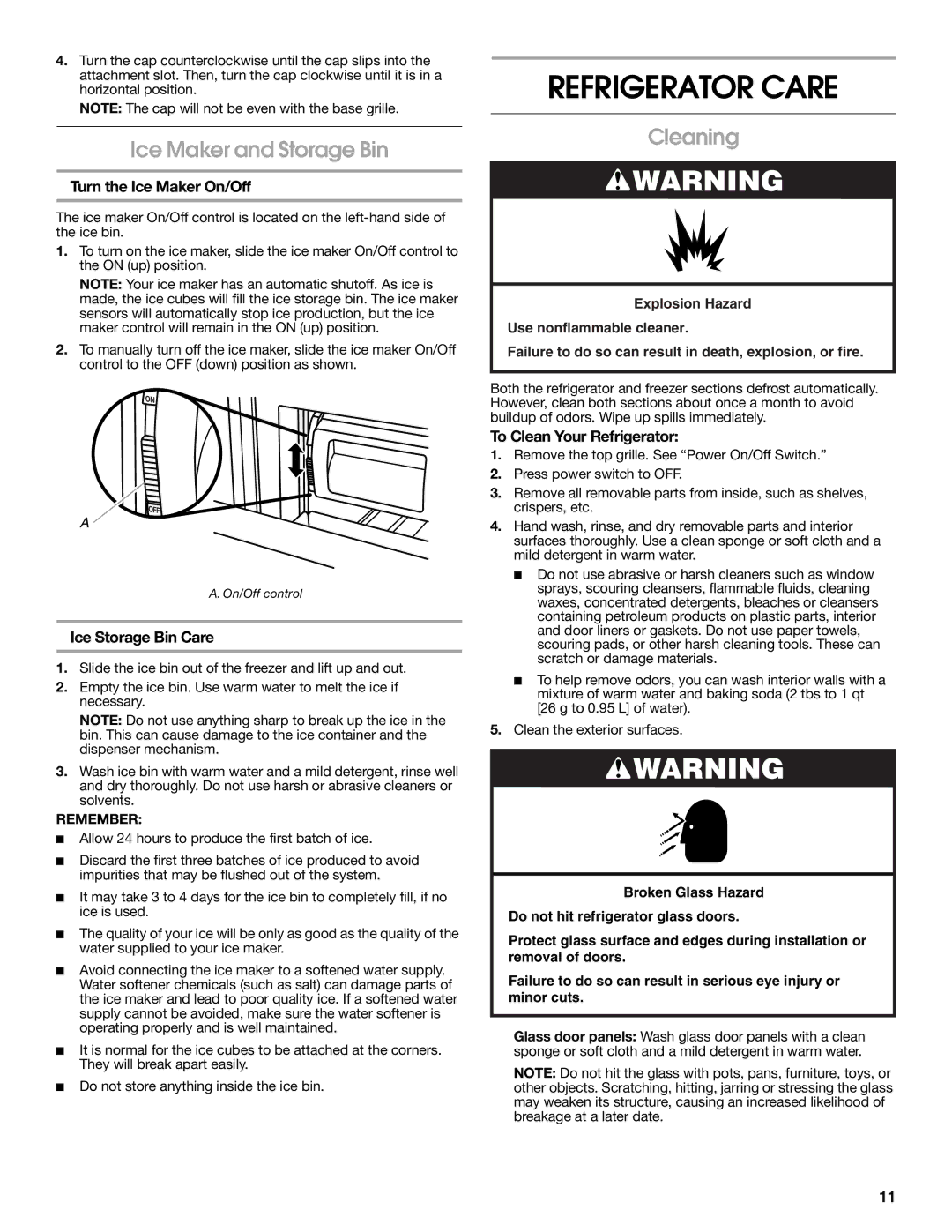 Jenn-Air W10231365B manual Refrigerator Care, Ice Maker and Storage Bin, Cleaning 