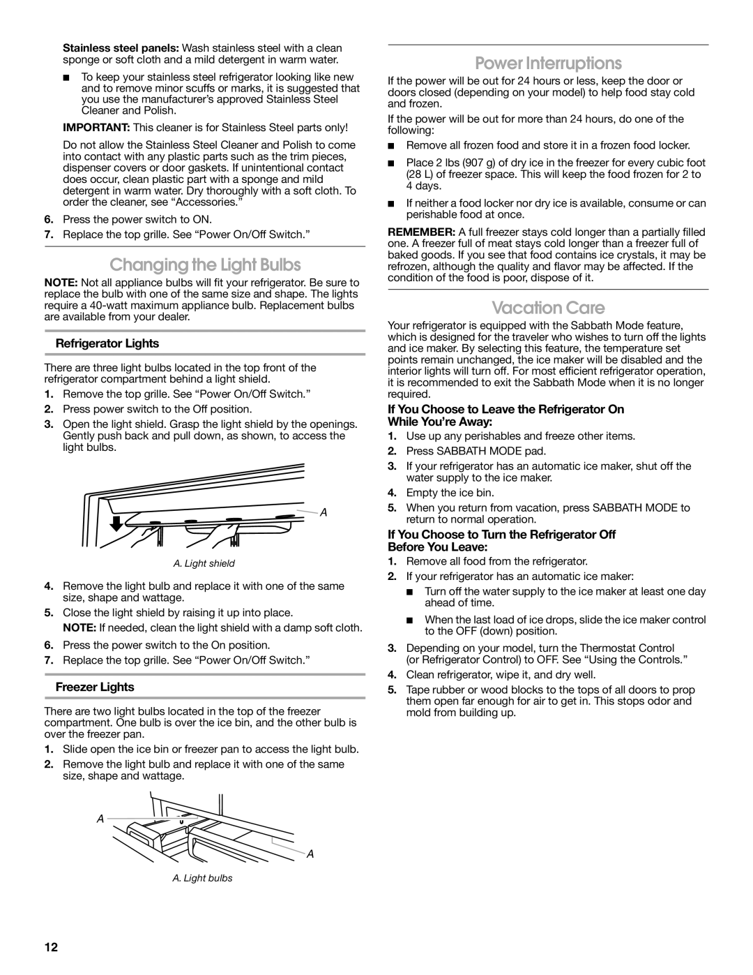 Jenn-Air W10231365B manual Changing the Light Bulbs, Power Interruptions, Vacation Care 