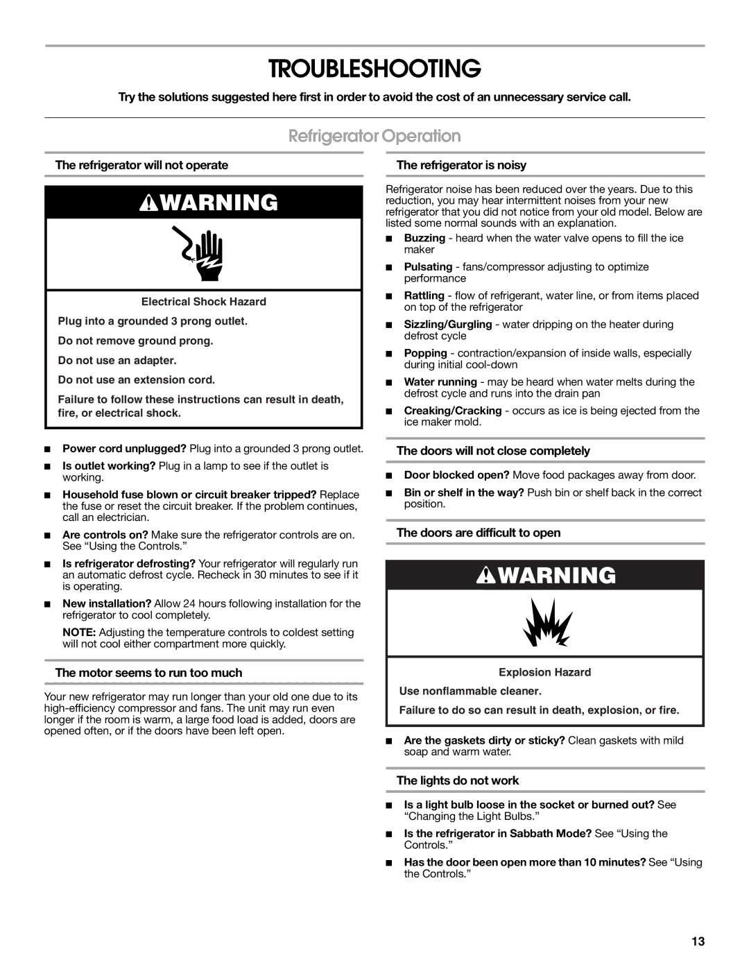 Jenn-Air W10231365B manual Troubleshooting, Refrigerator Operation 