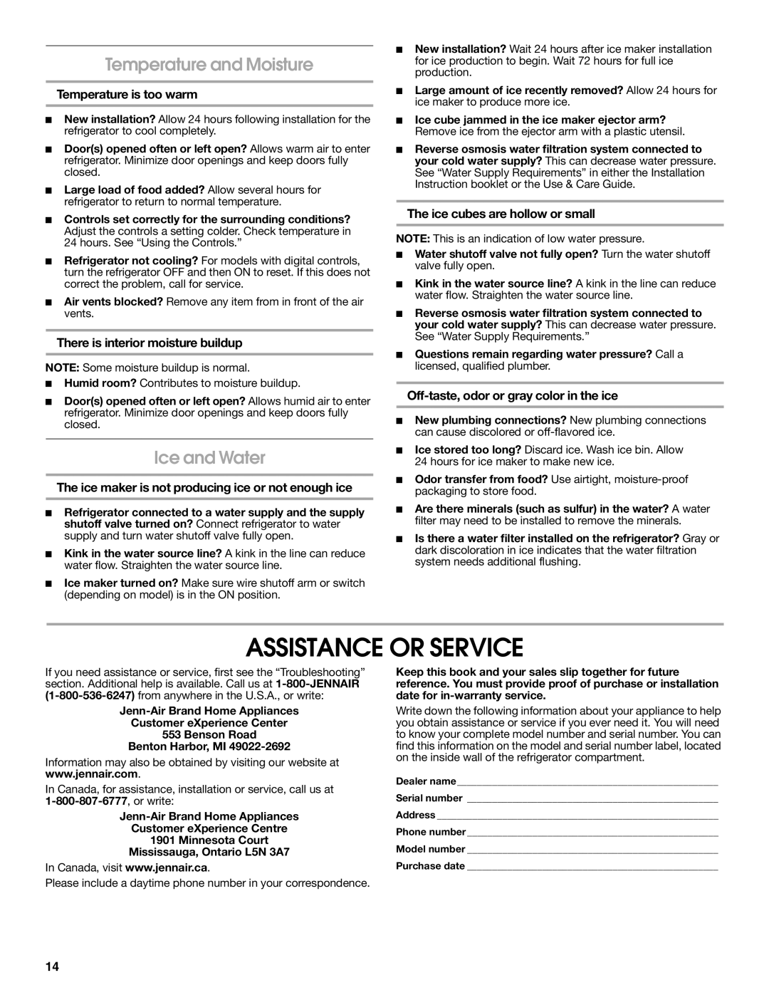 Jenn-Air W10231365B manual Assistance or Service, Temperature and Moisture, Ice and Water 