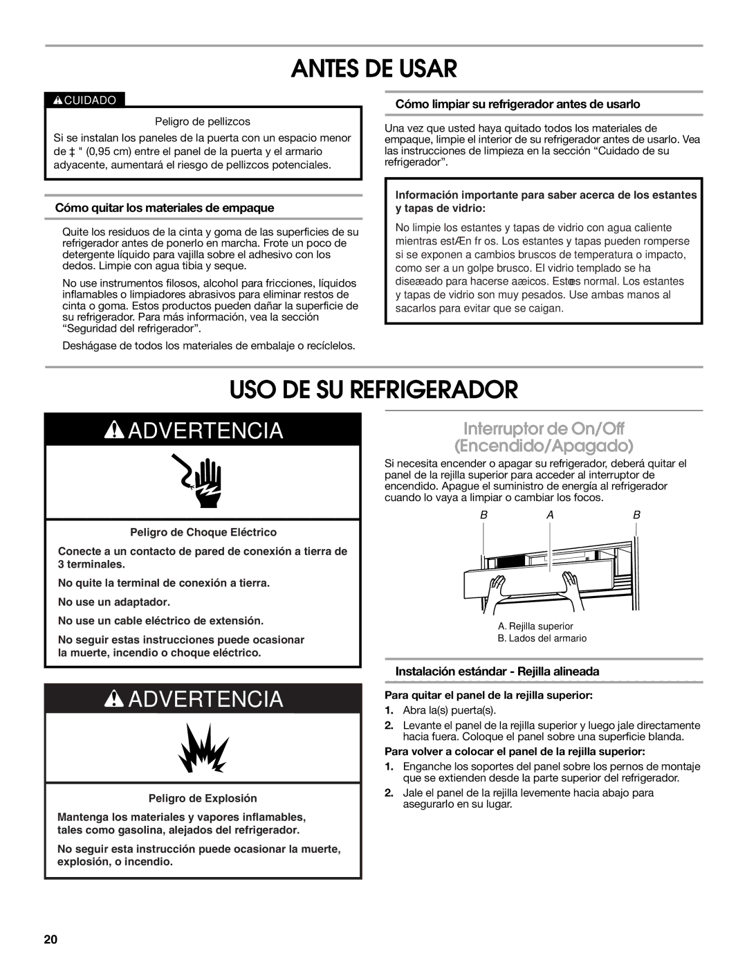 Jenn-Air W10231365B manual Antes DE Usar, USO DE SU Refrigerador, Interruptor de On/Off Encendido/Apagado 