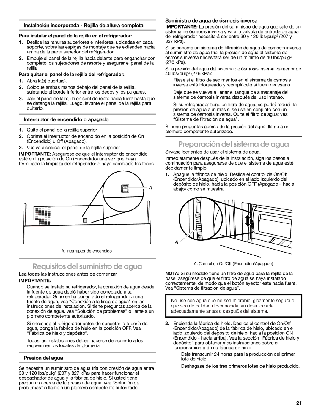 Jenn-Air W10231365B manual Requisitos del suministro de agua, Preparación del sistema de agua 