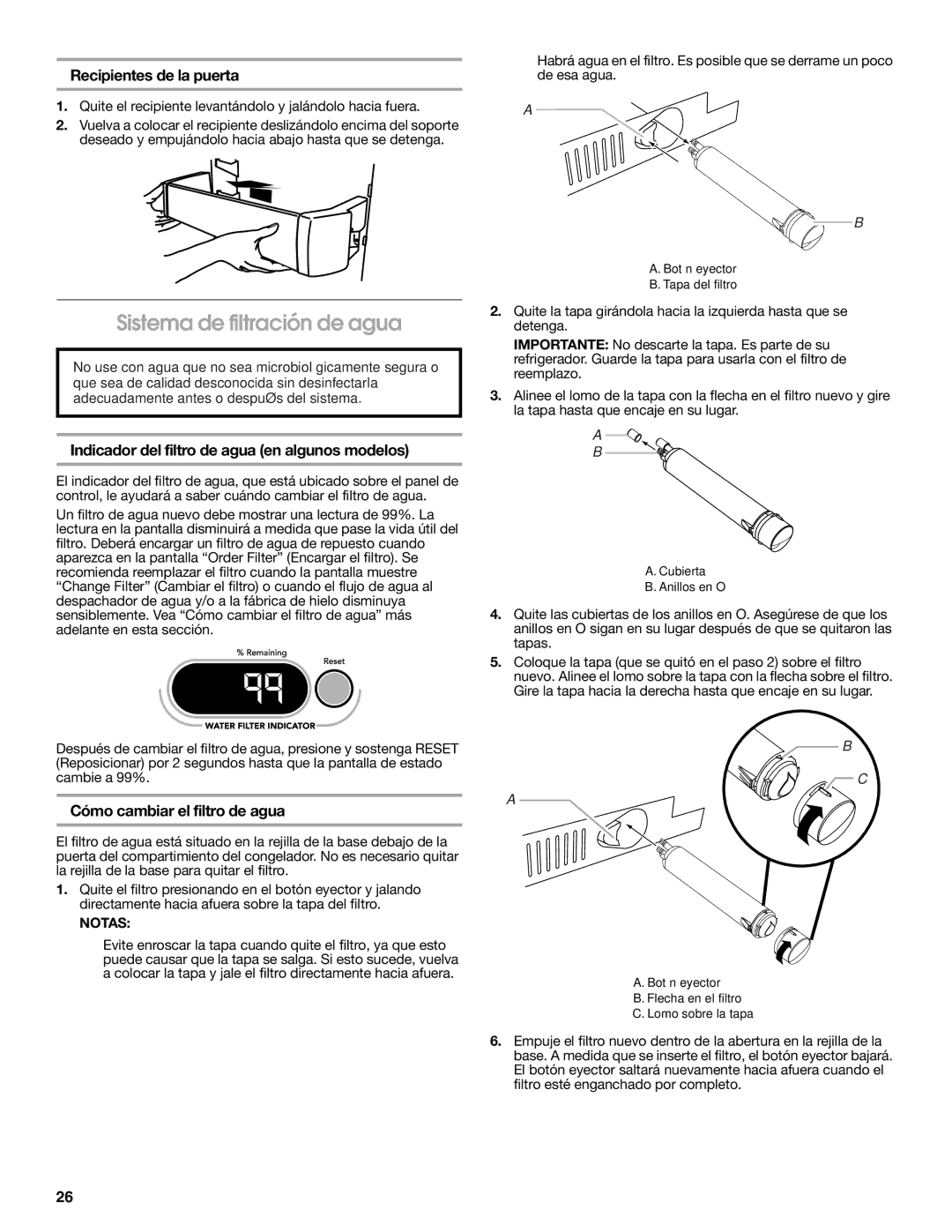 Jenn-Air W10231365B manual Sistema de filtración de agua, Recipientes de la puerta, Cómo cambiar el filtro de agua 