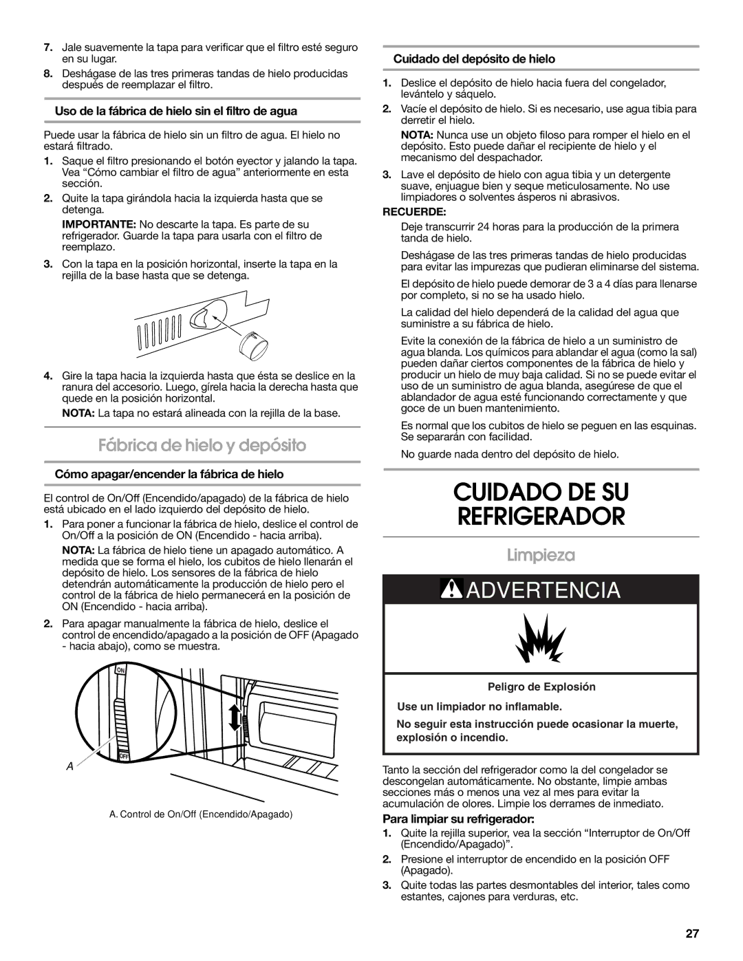 Jenn-Air W10231365B manual Cuidado DE SU Refrigerador, Fábrica de hielo y depósito, Limpieza 