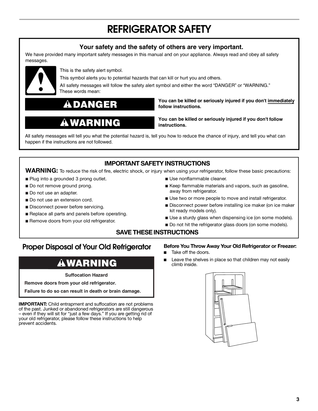 Jenn-Air W10231365B manual Refrigerator Safety, Before You Throw Away Your Old Refrigerator or Freezer 