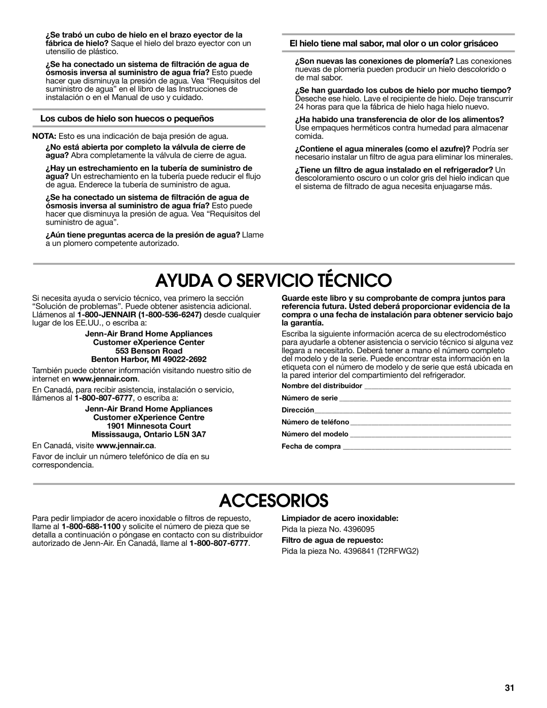 Jenn-Air W10231365B manual Ayuda O Servicio Técnico, Accesorios, Los cubos de hielo son huecos o pequeños 