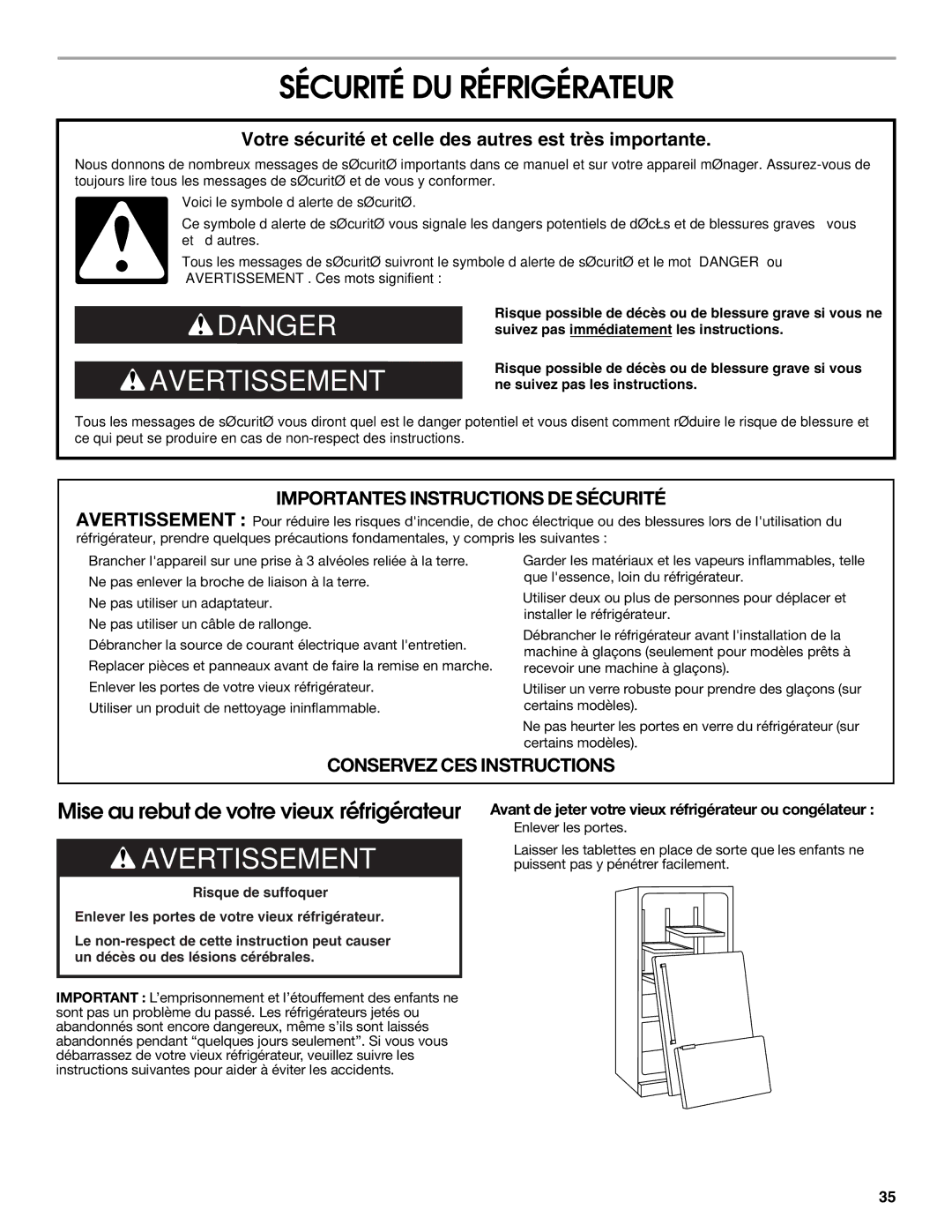 Jenn-Air W10231365B manual Sécurité DU Réfrigérateur, Avant de jeter votre vieux réfrigérateur ou congélateur 