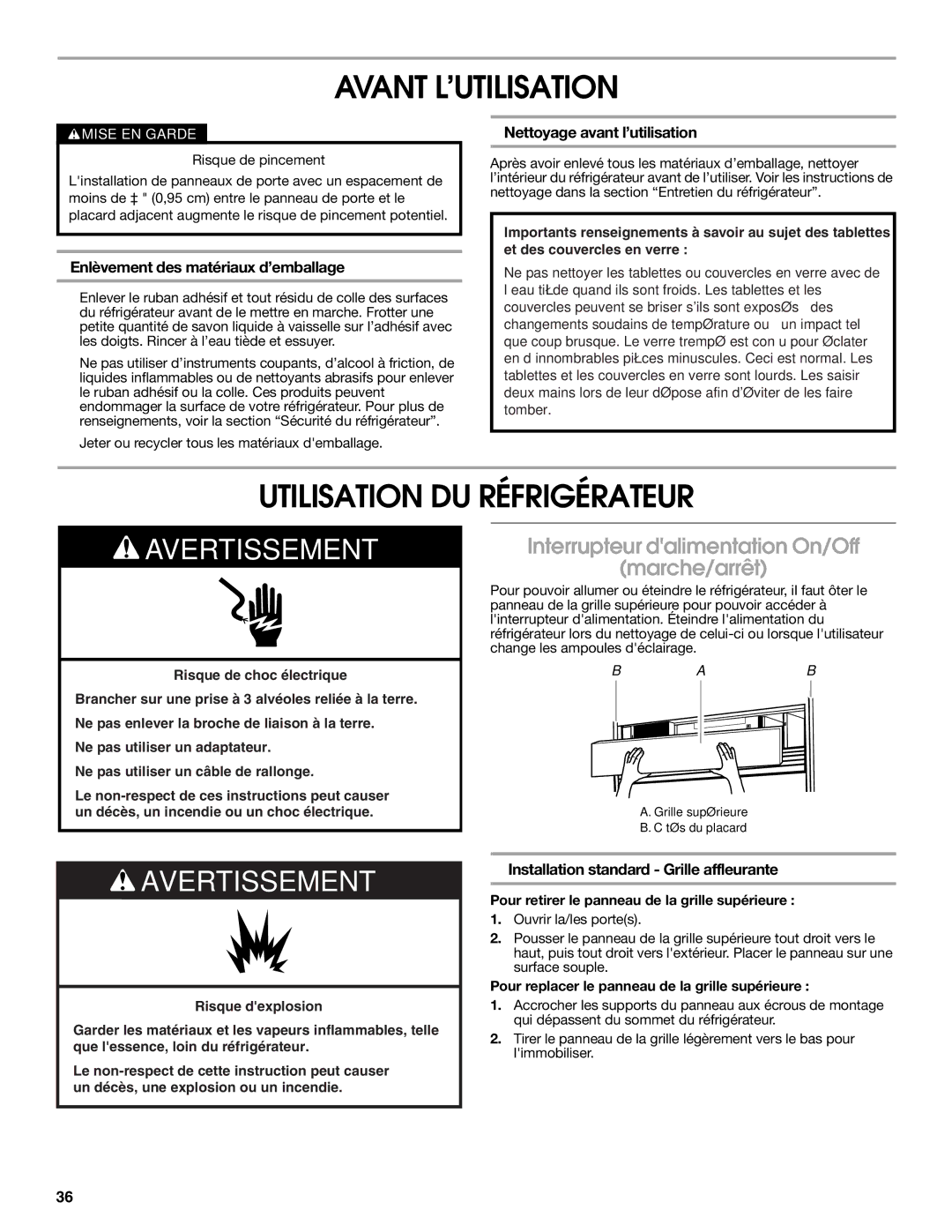 Jenn-Air W10231365B Avant L’UTILISATION, Utilisation DU Réfrigérateur, Interrupteur dalimentation On/Off Marche/arrêt 