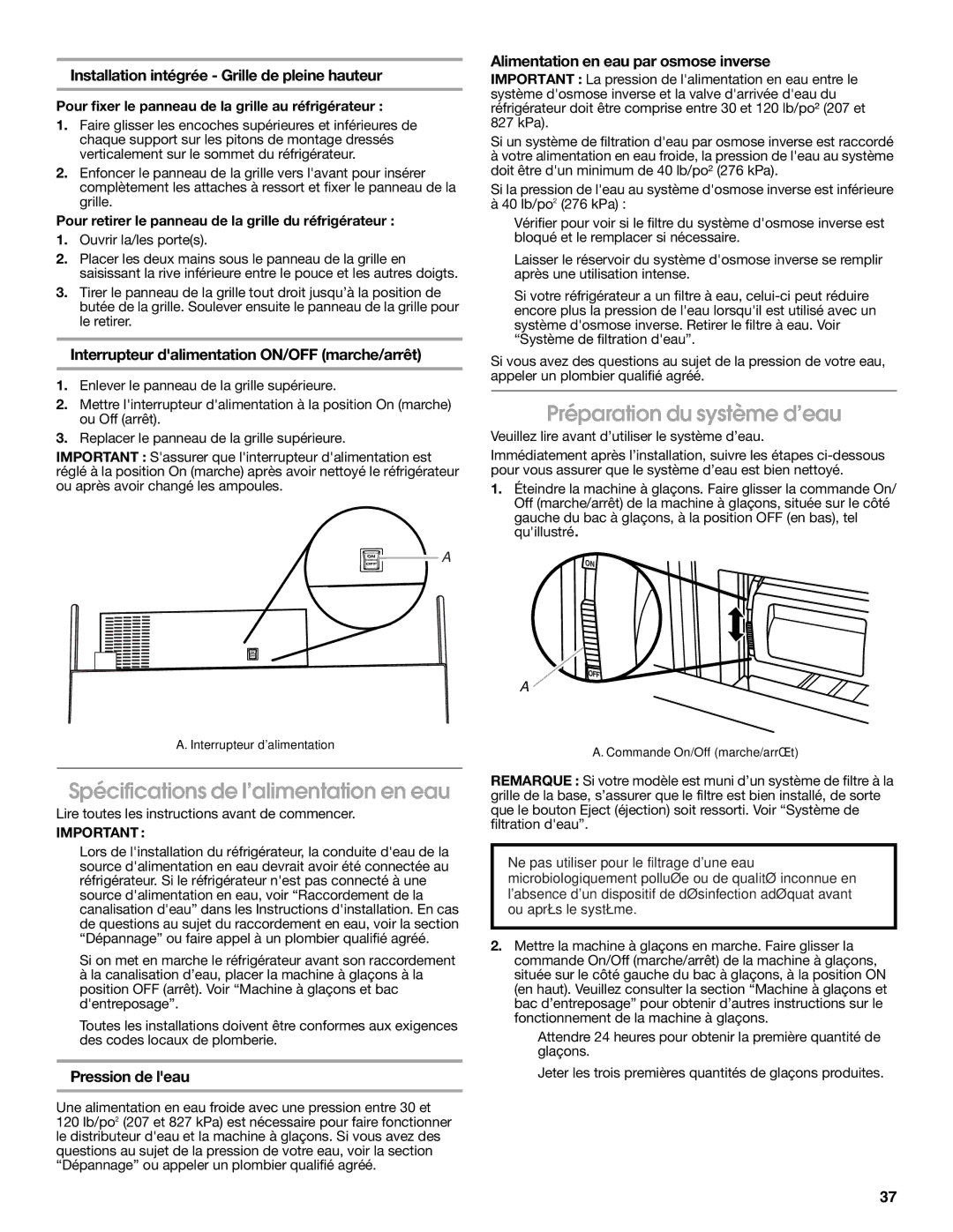 Jenn-Air W10231365B manual Spécifications de l’alimentation en eau, Préparation du système d’eau 