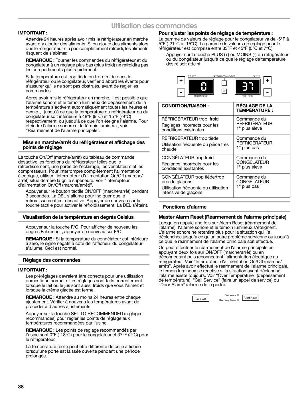 Jenn-Air W10231365B Utilisation des commandes, Visualisation de la température en degrés Celsius, Réglage des commandes 