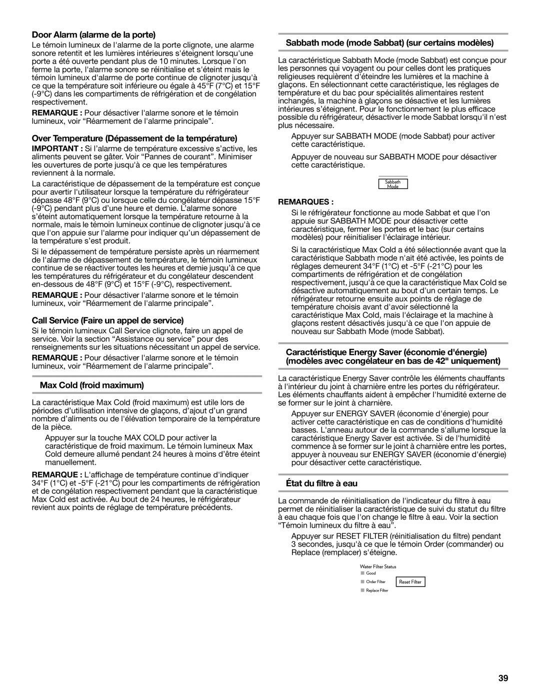 Jenn-Air W10231365B Door Alarm alarme de la porte, Over Temperature Dépassement de la température, Max Cold froid maximum 