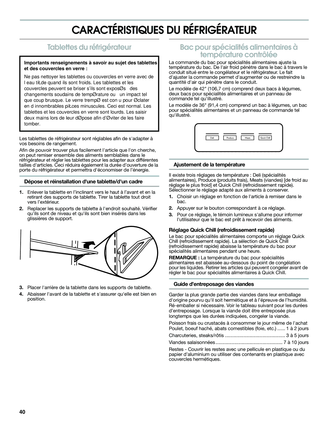 Jenn-Air W10231365B manual Caractéristiques DU Réfrigérateur, Tablettes du réfrigérateur 