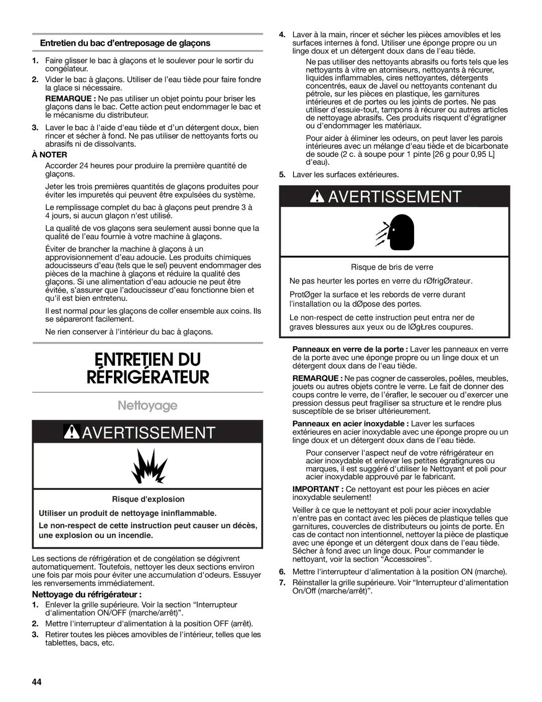 Jenn-Air W10231365B manual Entretien DU Réfrigérateur, Nettoyage, Entretien du bac d’entreposage de glaçons 