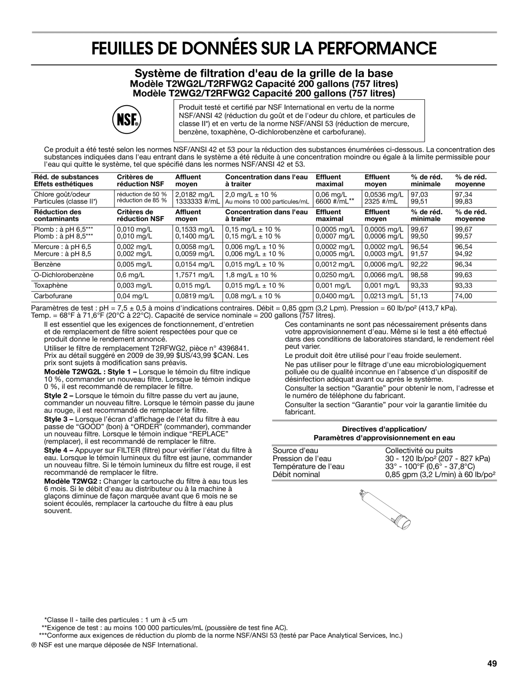 Jenn-Air W10231365B manual Feuilles DE Données SUR LA Performance, Système de filtration deau de la grille de la base 