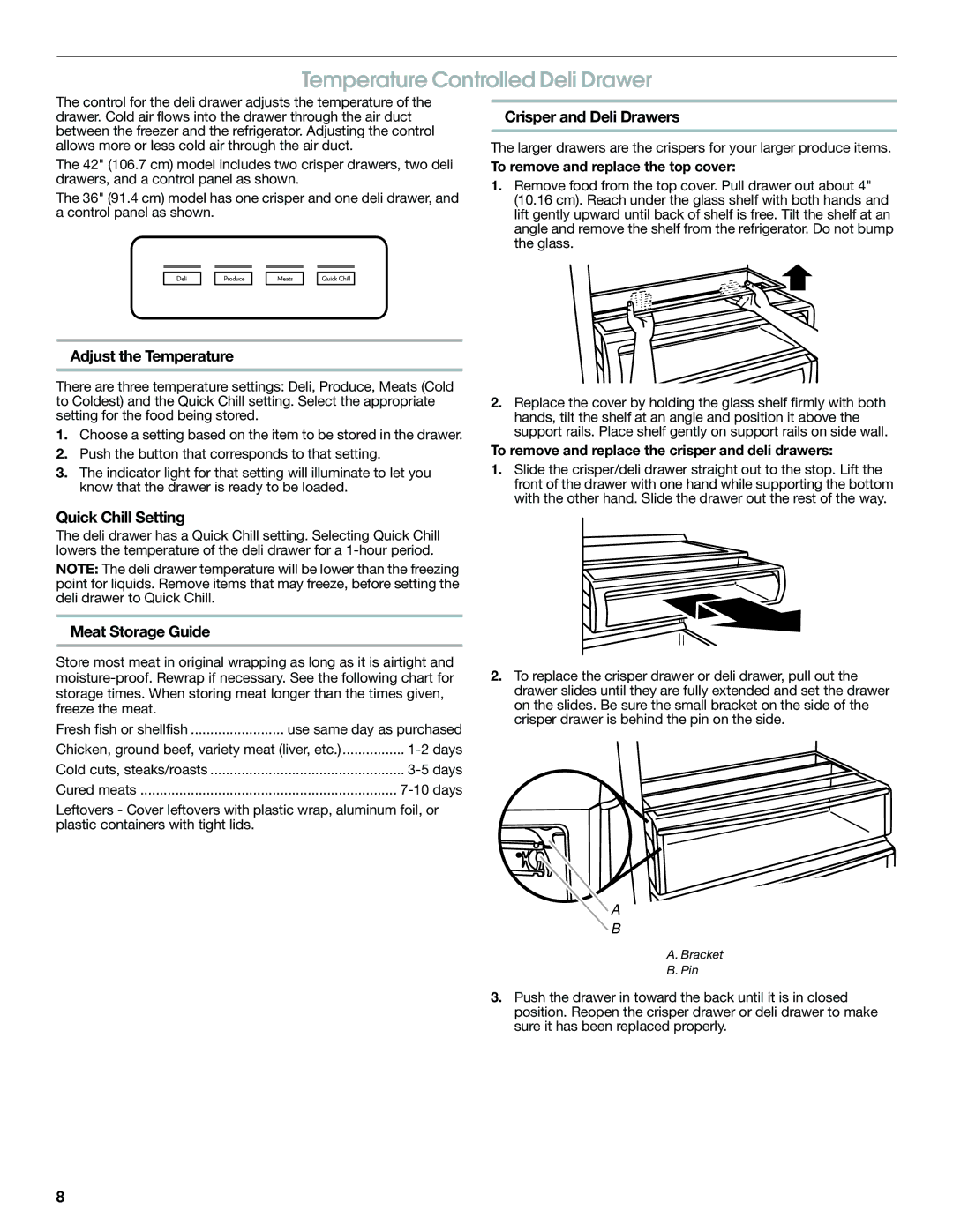 Jenn-Air W10231365B Temperature Controlled Deli Drawer, Adjust the Temperature, Quick Chill Setting, Meat Storage Guide 