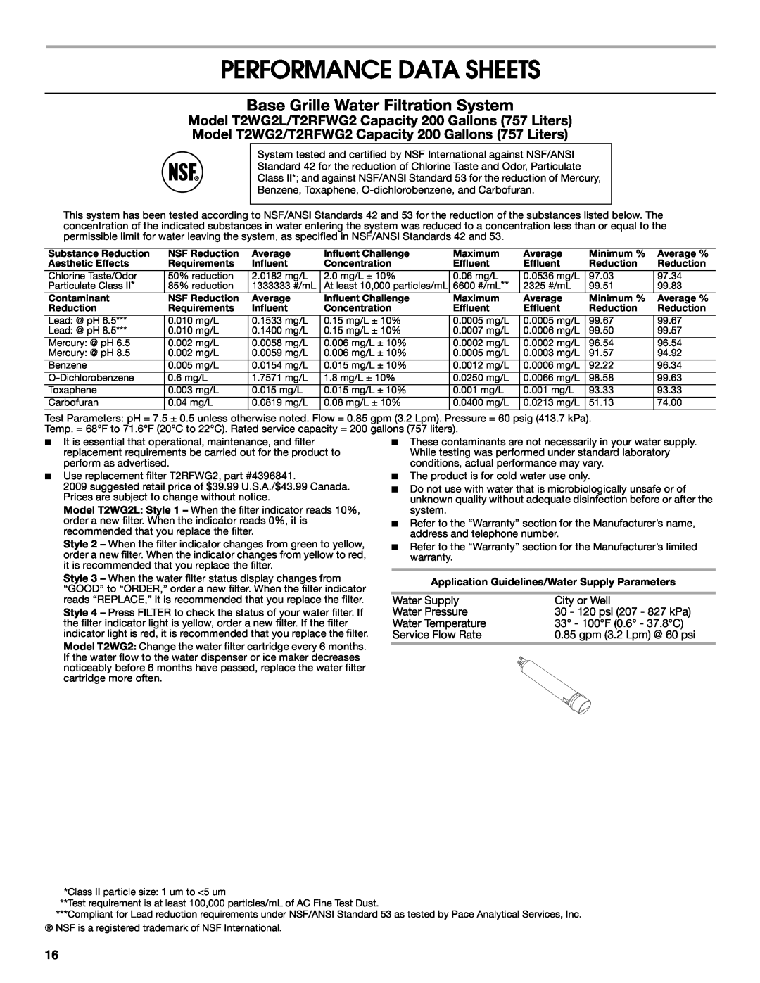 Jenn-Air W10231365B manual Performance Data Sheets, Base Grille Water Filtration System 