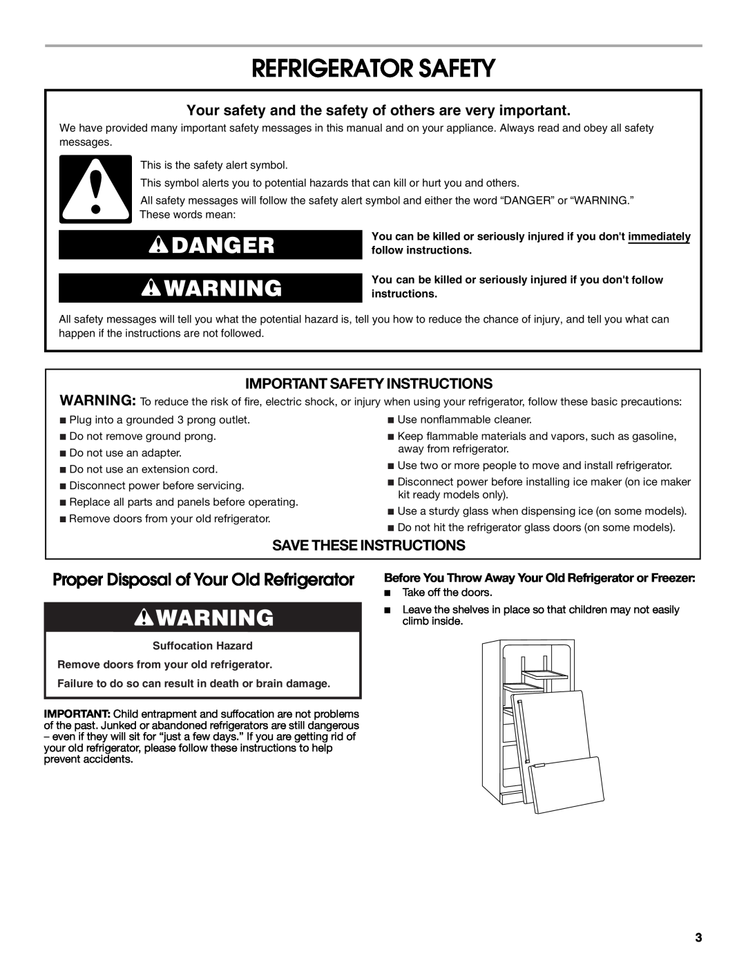 Jenn-Air W10231365B Refrigerator Safety, Danger, Proper Disposal of Your Old Refrigerator, Important Safety Instructions 