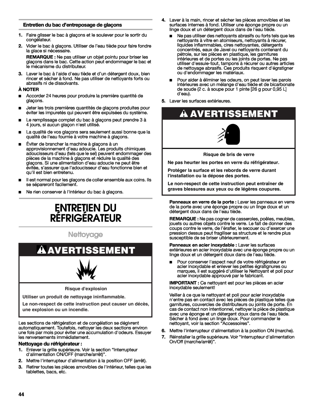 Jenn-Air W10231365B manual Entretien Du Réfrigérateur, Nettoyage, Entretien du bac d’entreposage de glaçons, Avertissement 