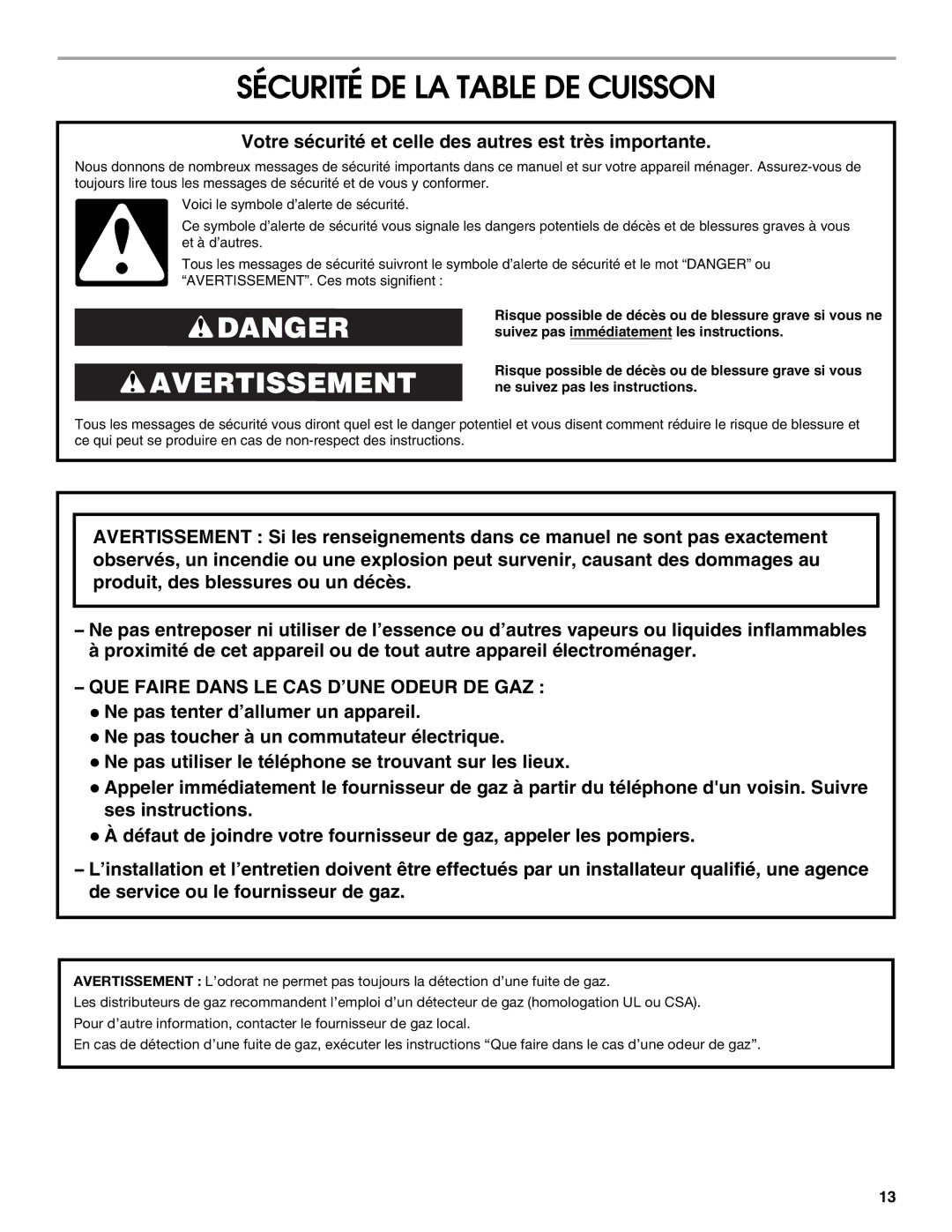 Jenn-Air W10233478B Sécurité DE LA Table DE Cuisson, Votre sécurité et celle des autres est très importante 