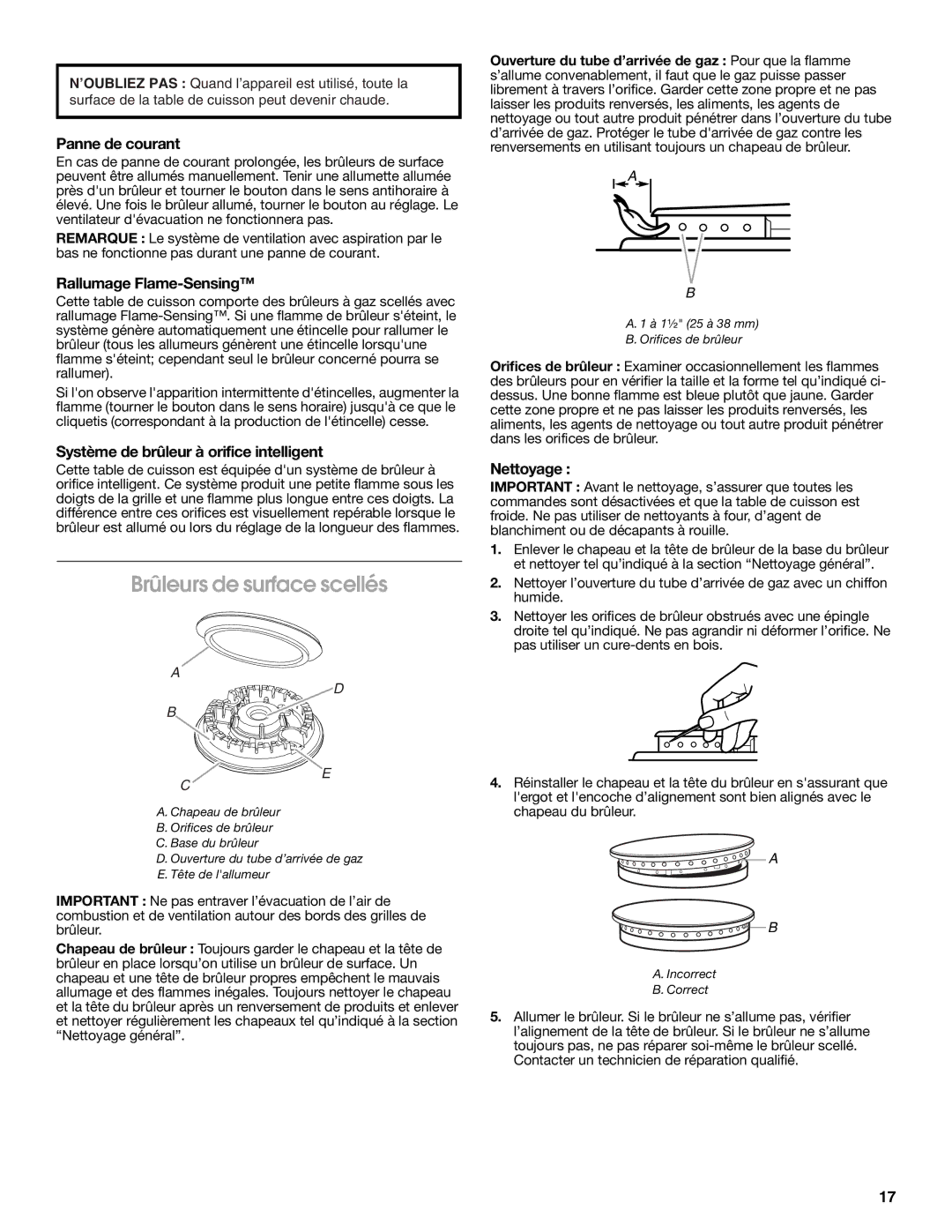 Jenn-Air W10233478B Brûleurs de surface scellés, Panne de courant, Rallumage Flame-Sensing, Nettoyage 