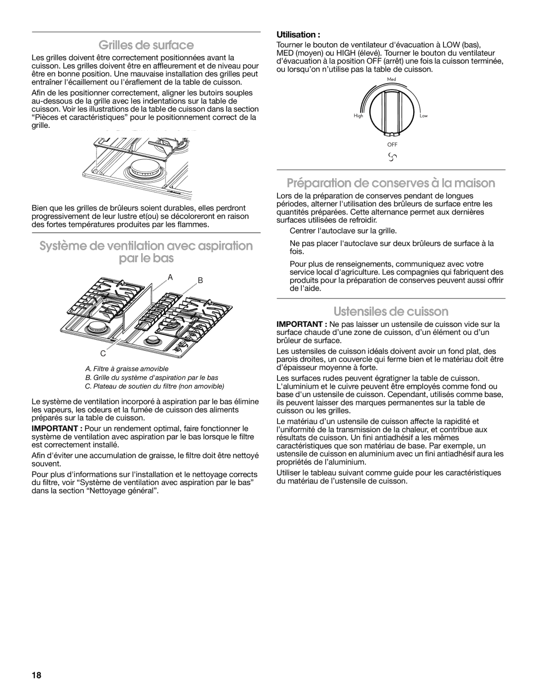 Jenn-Air W10233478B installation instructions Grilles de surface, Ustensiles de cuisson, Utilisation 