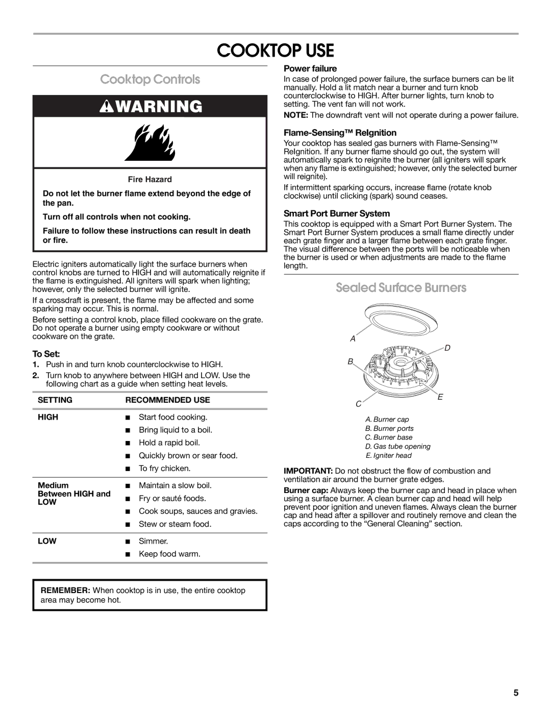 Jenn-Air W10233478B installation instructions Cooktop USE, Cooktop Controls, Sealed Surface Burners 