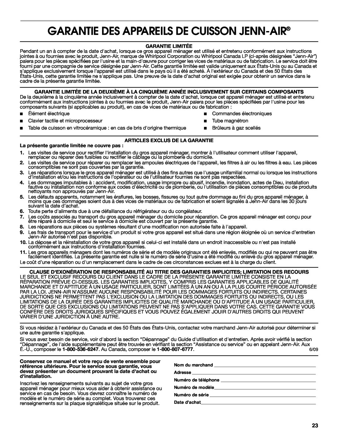 Jenn-Air W10233478B Garantie Des Appareils De Cuisson Jenn-Air, Garantie Limitée, Articles Exclus De La Garantie 