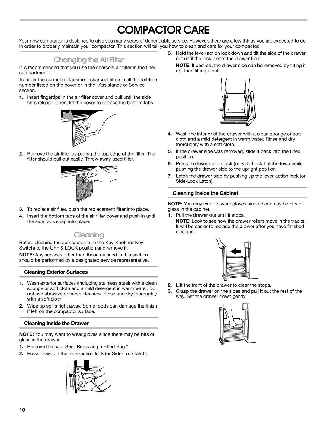 Jenn-Air W10242571A manual Compactor Care, Changing the Air Filter, Cleaning 