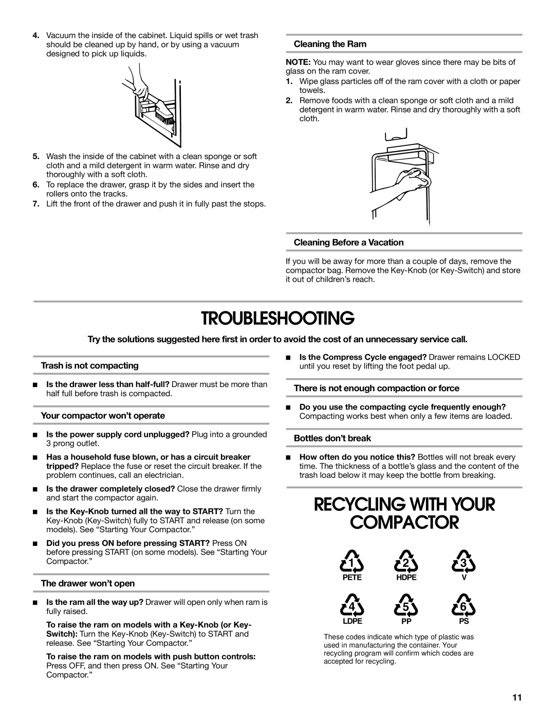 Jenn-Air W10242571A manual Troubleshooting, Recycling with Your Compactor 