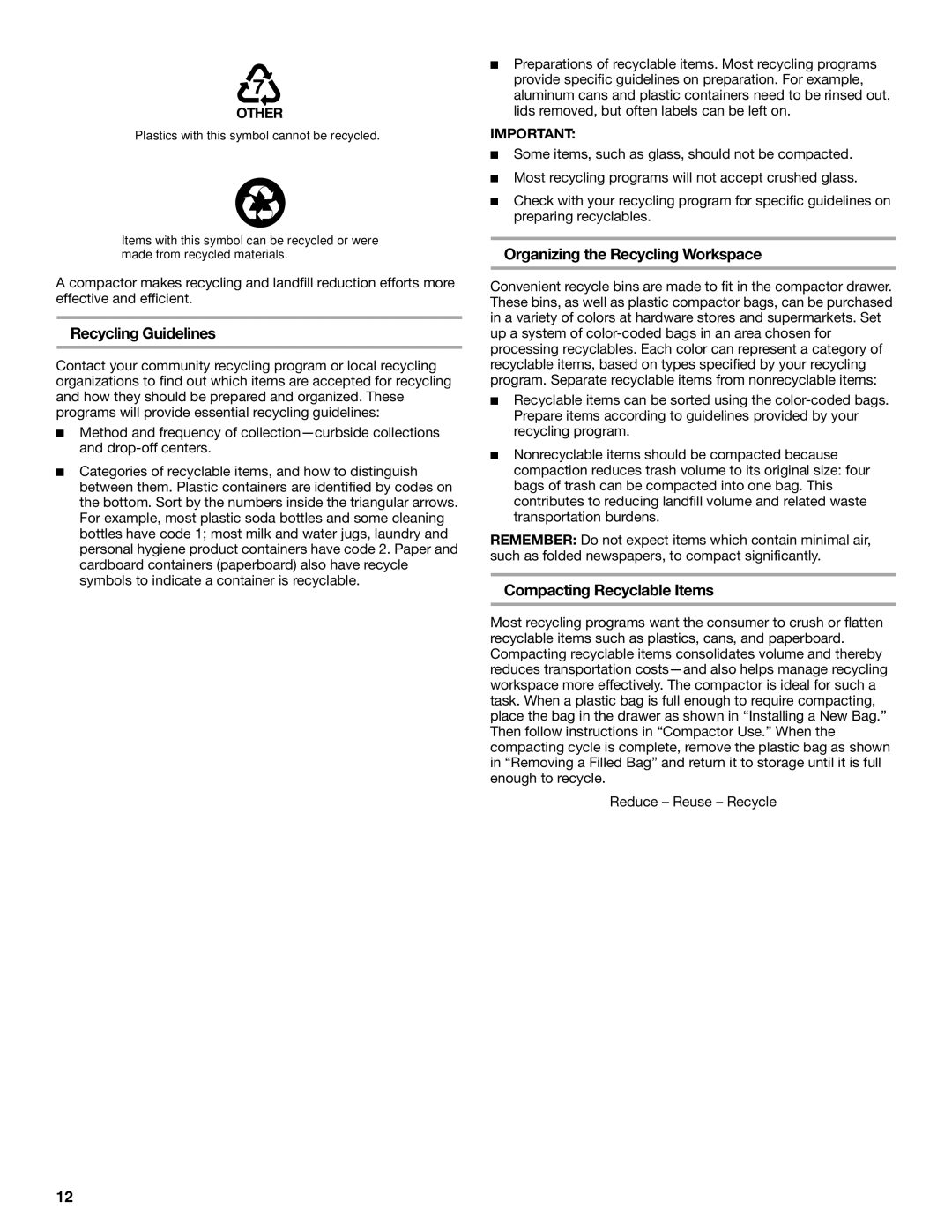 Jenn-Air W10242571A manual Recycling Guidelines, Organizing the Recycling Workspace, Compacting Recyclable Items 