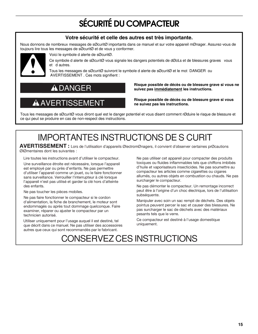 Jenn-Air W10242571A manual Sécurité DU Compacteur, Votre sécurité et celle des autres est très importante 