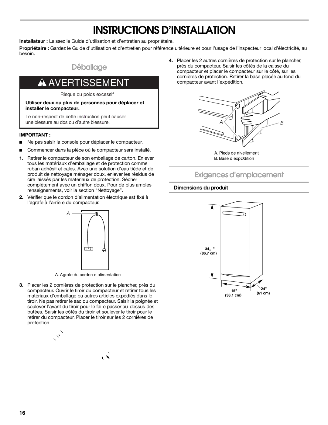 Jenn-Air W10242571A manual Instructions D’INSTALLATION, Déballage, Exigences d’emplacement, Dimensions du produit 