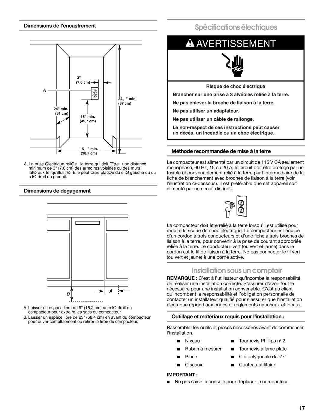 Jenn-Air W10242571A manual Spécifications électriques, Installation sous un comptoir 