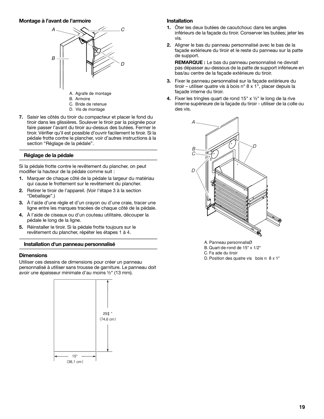 Jenn-Air W10242571A Montage à l’avant de l’armoire, Réglage de la pédale, Installation dun panneau personnalisé Dimensions 