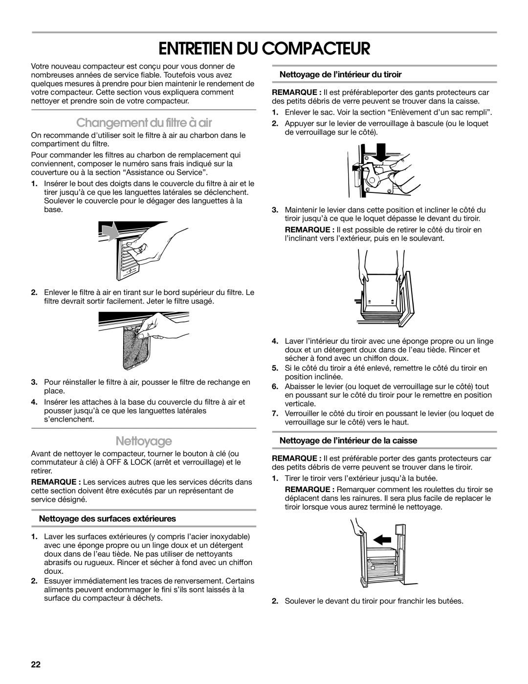 Jenn-Air W10242571A manual Entretien DU Compacteur, Changement du filtre à air, Nettoyage 