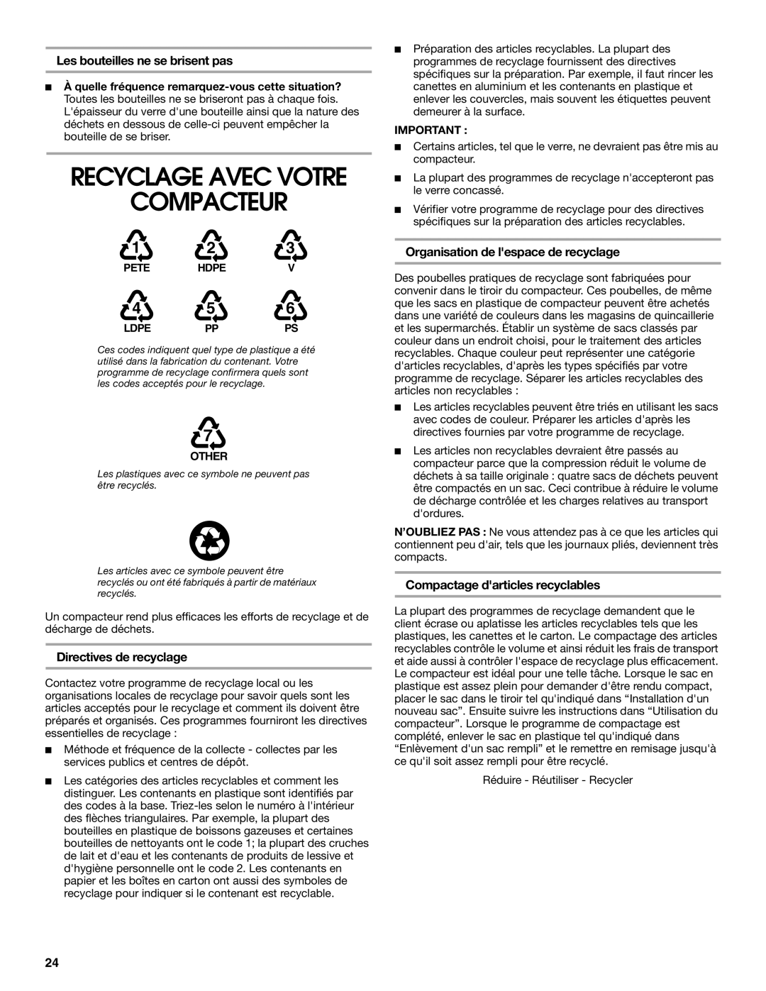 Jenn-Air W10242571A manual Compacteur, Les bouteilles ne se brisent pas, Directives de recyclage 