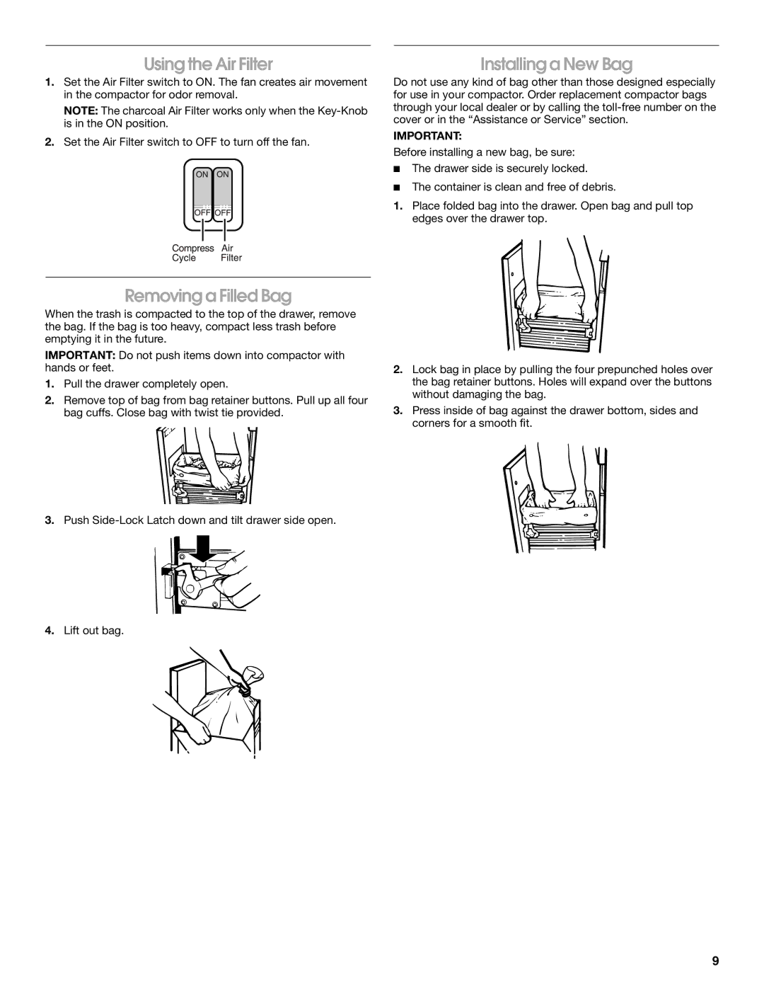 Jenn-Air W10242571A manual Using the Air Filter, Installing a New Bag, Removing a Filled Bag 