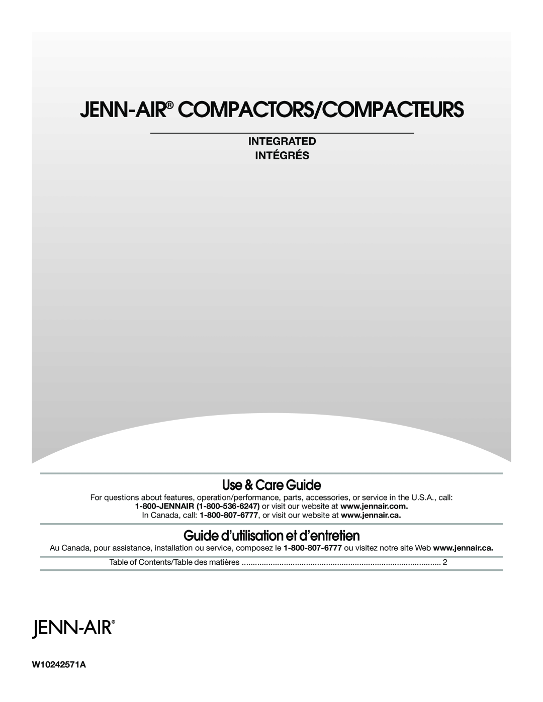 Jenn-Air W10242571A manual Use & Care Guide, Guide d’utilisation et d’entretien, Jenn-Air Compactors/Compacteurs 