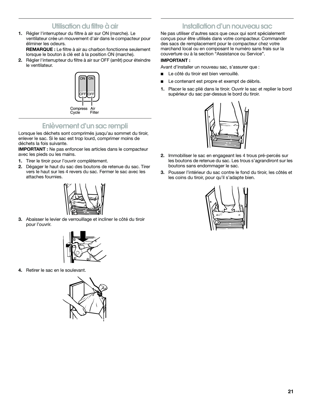 Jenn-Air W10242571A manual Utilisation du filtre à air, Installation d’un nouveau sac, Enlèvement d’un sac rempli 