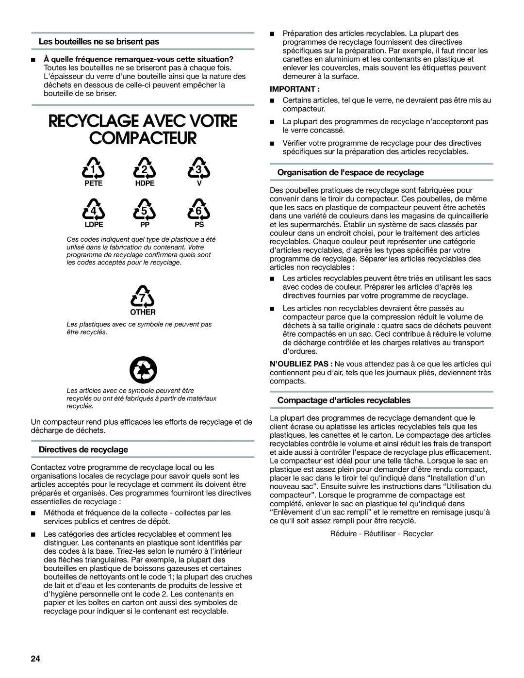 Jenn-Air W10242571A Compacteur, Recyclage Avec Votre, Les bouteilles ne se brisent pas, Directives de recyclage, Ldpe Ppps 