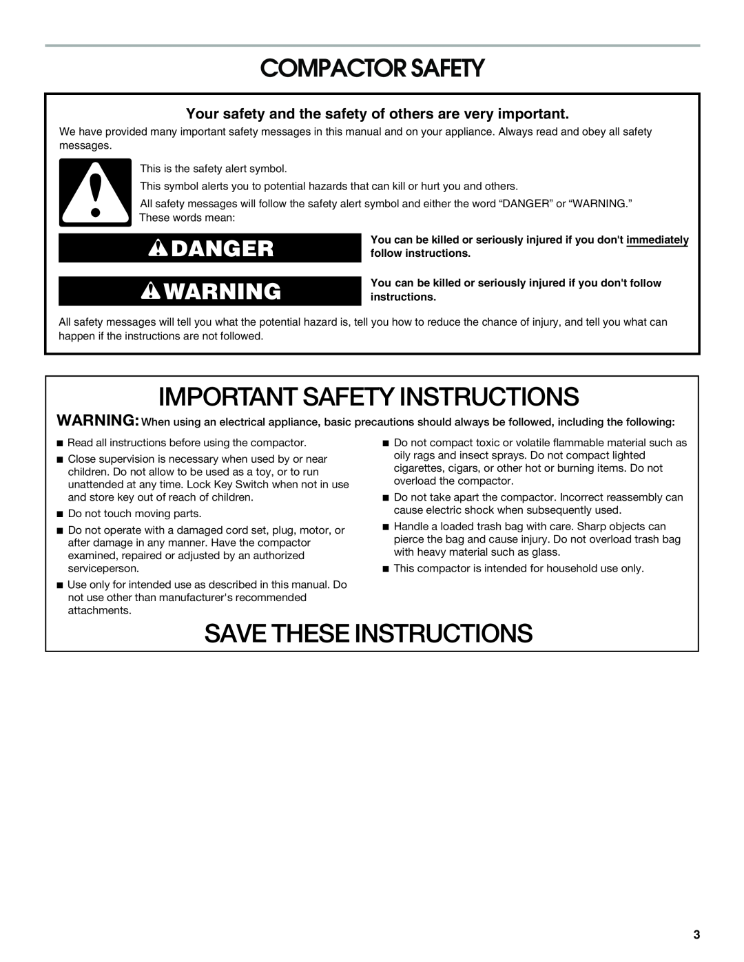 Jenn-Air W10242571A manual Important Safety Instructions, Save These Instructions, Compactor Safety, Danger 