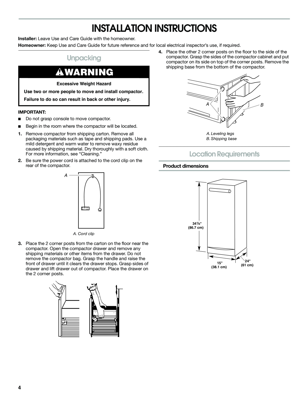 Jenn-Air W10242571A manual Installation Instructions, Unpacking, Location Requirements, Product dimensions 