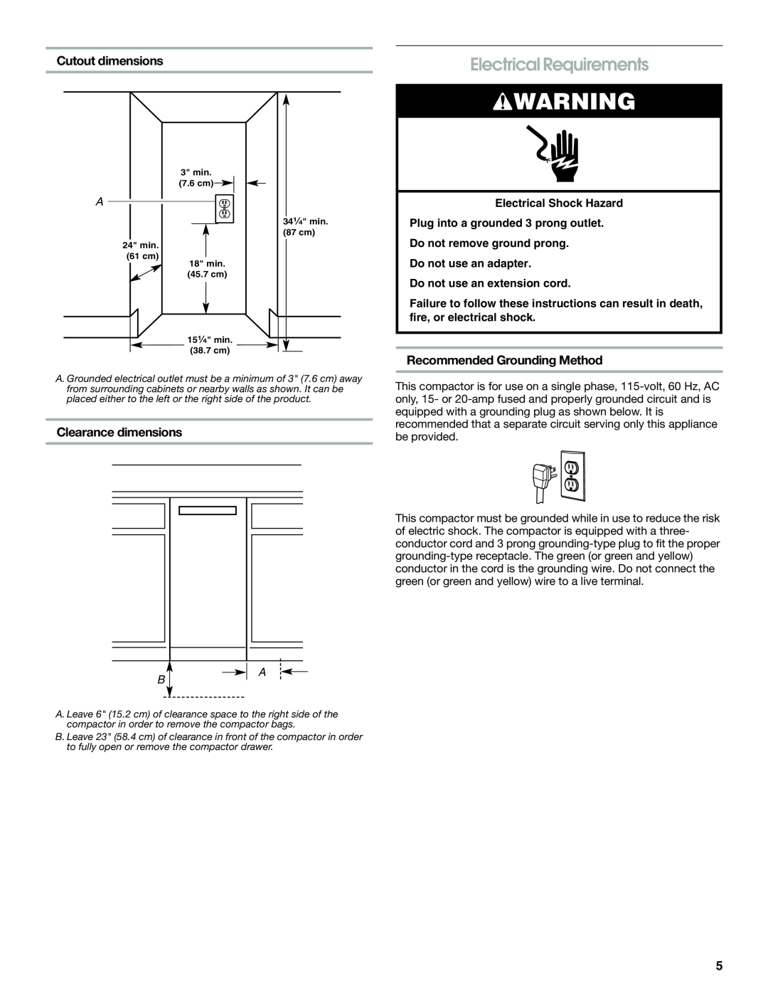 Jenn-Air W10242571A manual Electrical Requirements, Cutout dimensions, Recommended Grounding Method, Clearance dimensions 