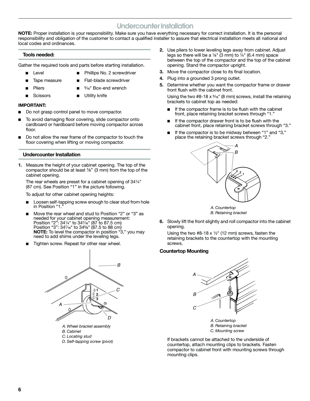 Jenn-Air W10242571A manual Undercounter Installation, Tools needed, Countertop Mounting 
