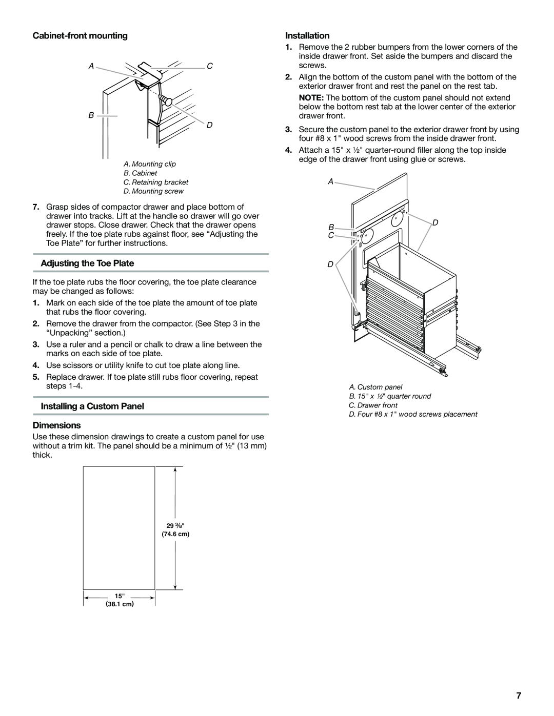Jenn-Air W10242571A Cabinet-front mounting, Installation, Adjusting the Toe Plate, Installing a Custom Panel Dimensions 