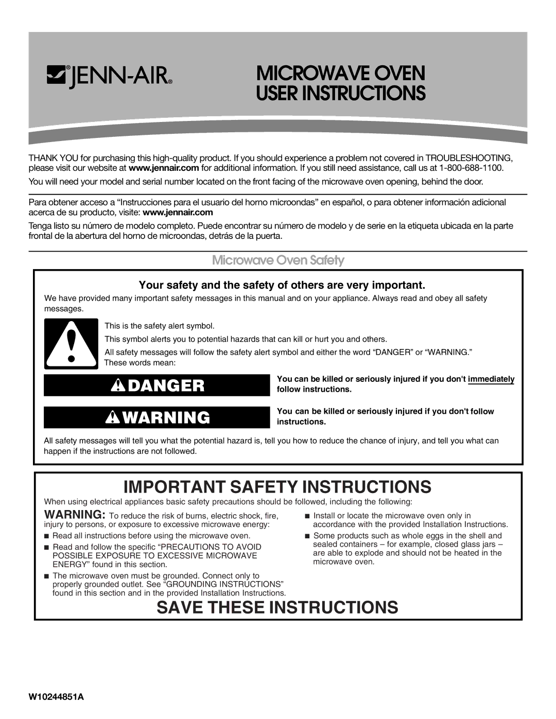 Jenn-Air W10244851A important safety instructions Microwave Oven Safety 